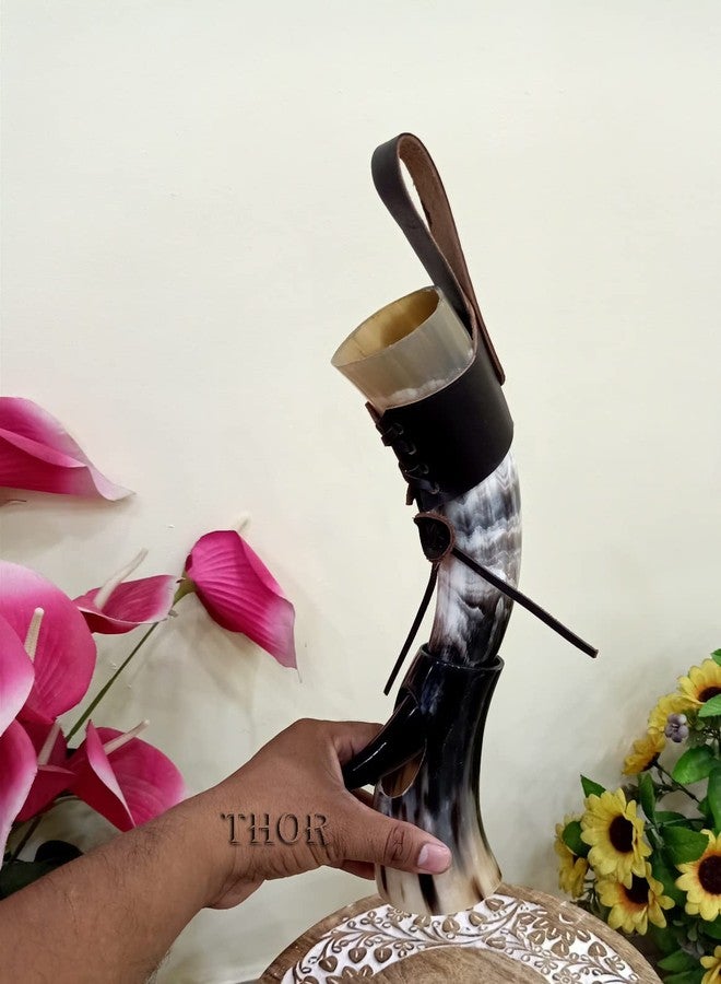 THOR INSTRUMENTS كوب شرب على شكل قرن فايكنغ مع حامل بيرة / حزام من الجلد الطبيعي / تشطيب طبيعي عتيق / هدية أصلية من العصور الوسطى / ديكور منزلي ريفي عتيق - Image 3